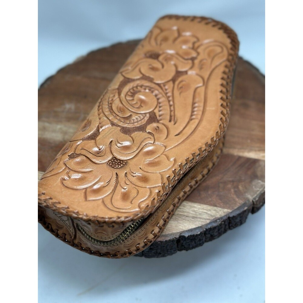 Clifton Tooled Leather Unused Wristlet Clutch Zipper Floral Western Boho